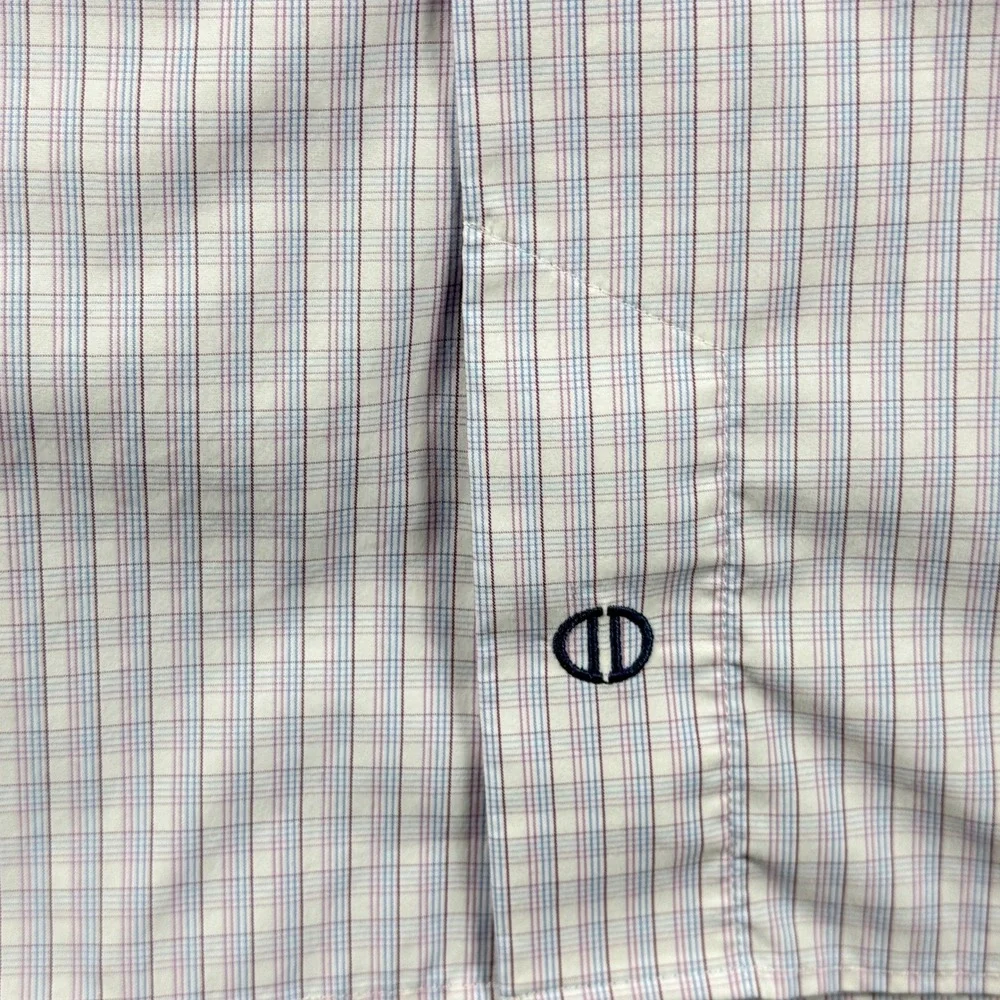 David Donahue Mens 18 34/35 Blue‎ Gold Plaid Performance Trim Fit Dress Shirt